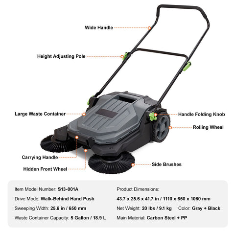 Walk-behind Hand Push Floor Sweeper 25.6" Width 5 Gallon Waste Container