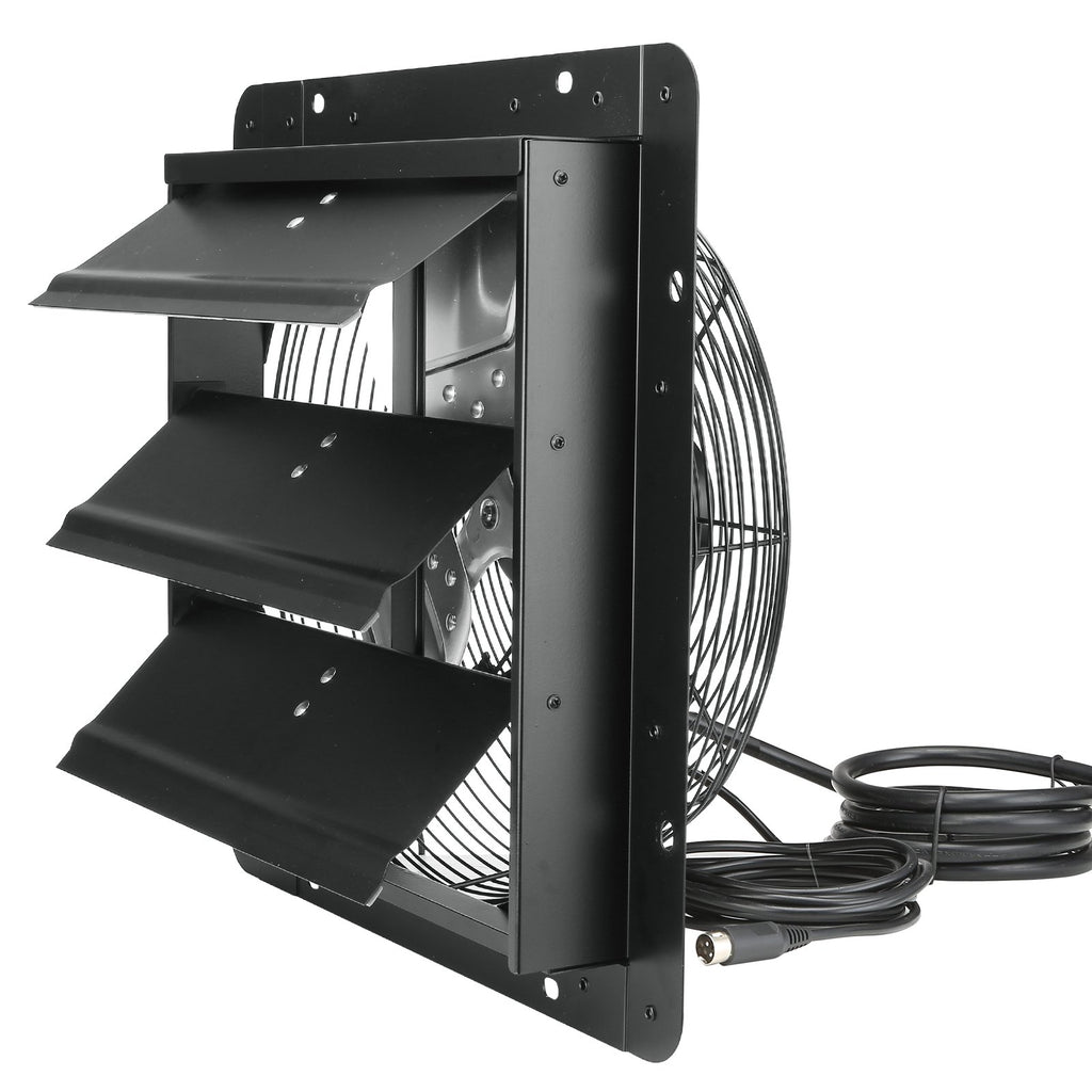 Shutter Exhaust Fan, 356 mm / 14inch with Temperature Humidity Controller, EC-motor, 1024 CFM, Variable Speed Adjustable Wall Mount Attic Fan, Ventilation and Cooling for Greenhouses, Garages, Sheds