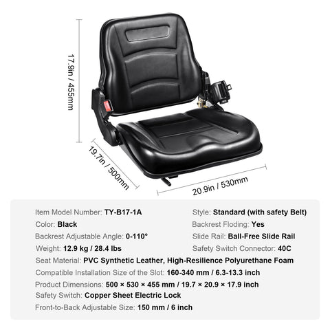 Universal Forklift Seat, Fold Down Tractor Seat with Adjustable Angle Back, Micro Switch and Retractable Seatbelt, 16-34 cm Slot Forklift Seat for Tractor Loader Excavator