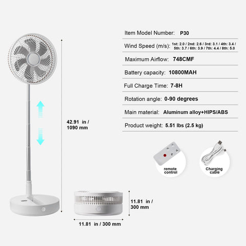 12 Inch Foldable Oscillating Standing Fan with Remote Control, 4 Speed Adjustable Portable Desk Quiet Fan, 7200mah Rechargeable USB Small Fan, Folded Rotating Floor Fan for Bedroom Office Travel