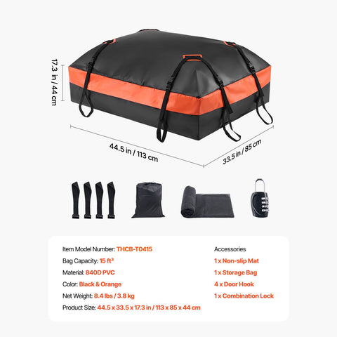 Car Rooftop Cargo Carrier Bag, 15 Cubic Feet Car Roof Cargo Carrier, 100% Waterproof Heavy Duty 840D PVC Roof Luggage Bag for All Vehicle with/without Rack- with Lock, Non-Slip Mat, 4 Door Hooks