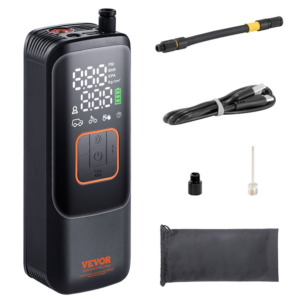 VEVOR Tire Inflator Portable Air Compressor, 150 PSI Electric Air Pump, 4000mAh Rechargeable Tire Pump with Auto-Off Function, LCD Pressure Gauge, 3 Nozzles, LED Light for Car Motorcycle Bike Ball