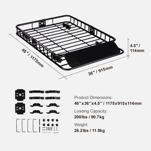 Roof Rack Cargo Basket 200 LBS Capacity 46"x36"x4.5" for SUV Truck Cars