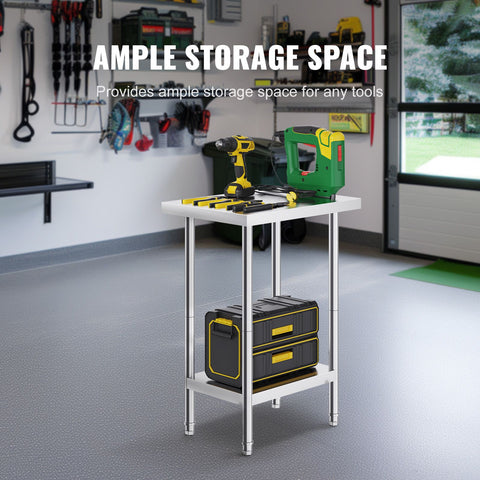 Stainless Steel Prep Table, 24 x 18 x 34 Inch, Heavy Duty Metal Worktable with 3 Adjustable Height Levels, Commercial Workstation for Kitchen Garage Restaurant Backyard