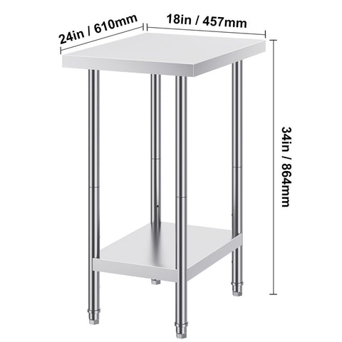 Stainless Steel Prep Table, 24 x 18 x 34 Inch, Heavy Duty Metal Worktable with 3 Adjustable Height Levels, Commercial Workstation for Kitchen Garage Restaurant Backyard