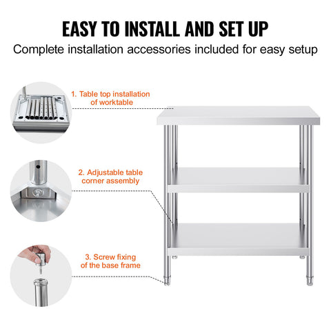 Stainless Steel Food Prep Table, 18 x 36 x 34 Inch Commercial Kitchen Worktable, with 2 Adjustable Undershelf, Heavy Duty Prep Table Metal Work Table for BBQ, Kitchen, Home, and Garage