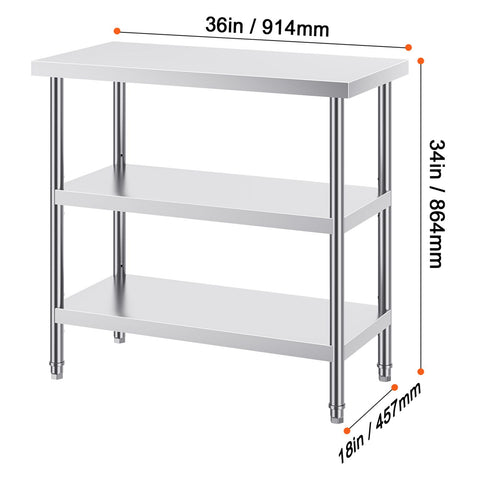 Stainless Steel Food Prep Table, 18 x 36 x 34 Inch Commercial Kitchen Worktable, with 2 Adjustable Undershelf, Heavy Duty Prep Table Metal Work Table for BBQ, Kitchen, Home, and Garage