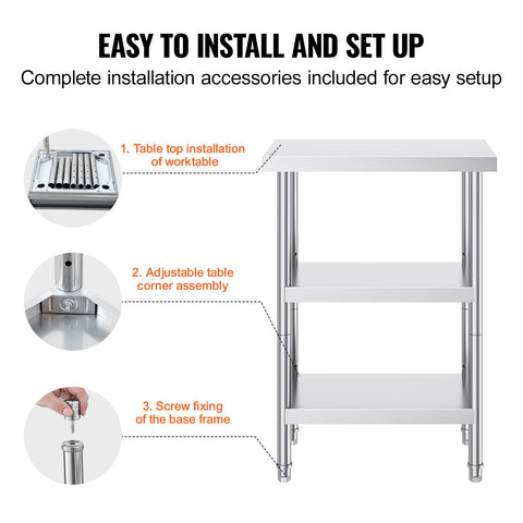 Stainless Steel Food Prep Table, 14 x 24 x 34 Inch Commercial Kitchen Worktable, with 2 Adjustable Undershelf, Heavy Duty Prep Table Metal Work Table for BBQ, Kitchen, Home, and Garage