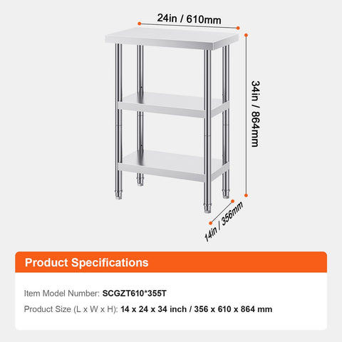 Stainless Steel Food Prep Table, 14 x 24 x 34 Inch Commercial Kitchen Worktable, with 2 Adjustable Undershelf, Heavy Duty Prep Table Metal Work Table for BBQ, Kitchen, Home, and Garage