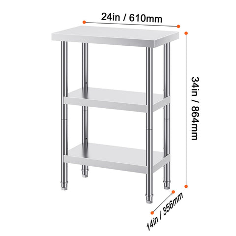 Stainless Steel Food Prep Table, 14 x 24 x 34 Inch Commercial Kitchen Worktable, with 2 Adjustable Undershelf, Heavy Duty Prep Table Metal Work Table for BBQ, Kitchen, Home, and Garage