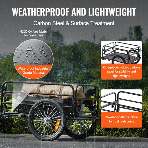 Bike Cargo Trailer, 72.5 kg Load, Heavy-Duty Bicycle Wagon Cart, Foldable Compact Storage & Quick Release with Universal Hitch, 406.4 mm Wheels, Safe Reflectors, Fits 558.8-711.2 mm Bike Wheels