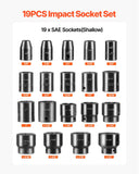 Impact Socket Set 1/2 Inches 19 Piece Impact Sockets, Standard Socket Assortment, 1/2 Inches Drive Socket Set Impact Standard SAE (3/8 Inches to 1-1/2 Inches) 6-point Hex Sockets