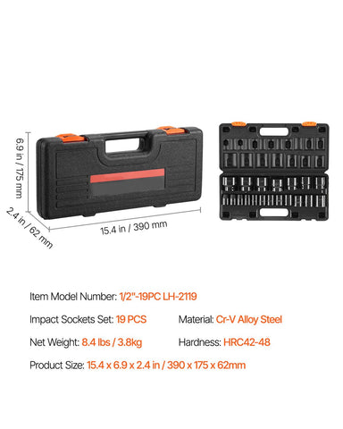 Impact Socket Set 1/2 Inches 19 Piece Impact Sockets, Standard Socket Assortment, 1/2 Inches Drive Socket Set Impact Standard SAE (3/8 Inches to 1-1/2 Inches) 6-point Hex Sockets