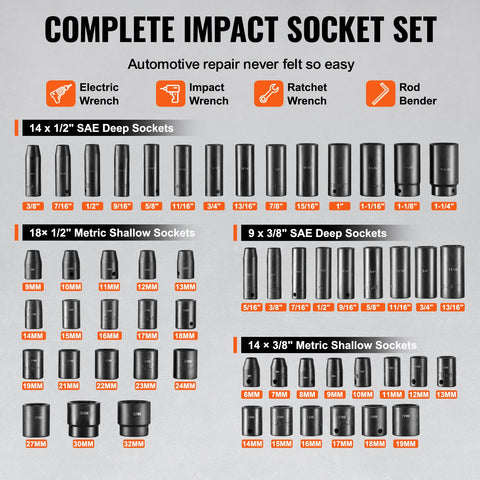 Impact Sockets Set 59pcs 6-Point 3/8" & 1/2" Drive Bit Ratchet Tool Kit