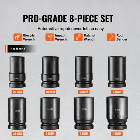 Impact Sockets Set 8pcs 6-Point 1" Drive Bit Ratchet Tool Kit Case