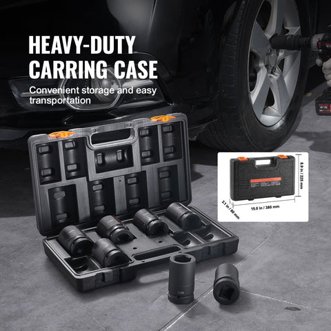 Impact Sockets Set 8pcs 6-Point 1" Drive Bit Ratchet Tool Kit Case