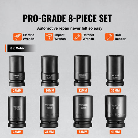 Impact Sockets Set 8pcs 6-Point 1" Drive Bit Ratchet Tool Kit Case