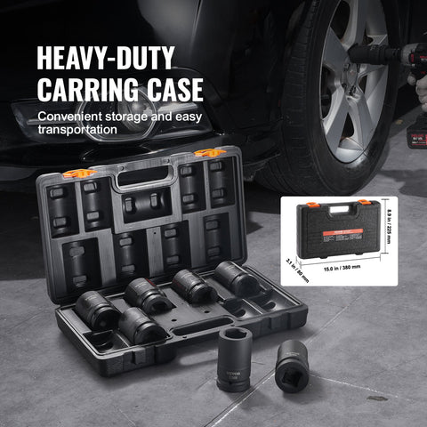 Impact Sockets Set 8pcs 6-Point 1" Drive Bit Ratchet Tool Kit Case