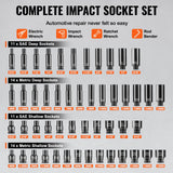 1/4" Drive Impact Socket Set, 55 Piece Deep & Shallow Socket Set SAE 5/32"-9/16" and Metric 4-15mm, 6 Point CR-V Alloy Steel for Auto Repair, Easy-to-Read Size Markings, Storage Case