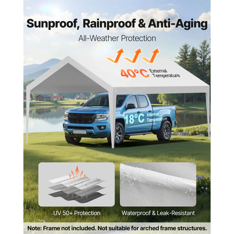 Carport Replacement Canopy, 6 x 3.6 m Potable Garage Tent Top Tarp, UV-Resistant & Waterproof Car Shelter Tarp, Heavy Duty Car Port Cover with Ball Buggees, White, Frame Not Included