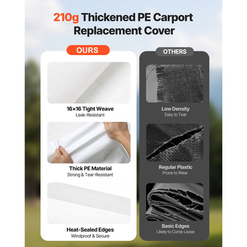 Carport Replacement Canopy, 6 x 3.6 m Potable Garage Tent Top Tarp, UV-Resistant & Waterproof Car Shelter Tarp, Heavy Duty Car Port Cover with Ball Buggees, White, Frame Not Included