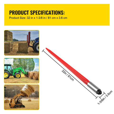 Hay Spear 32" Bale Spear 1350 lbs Capacity, Bale Spike Quick Attach Square Hay Bale Spears 1.4" Wide, Red Coated Bale Forks, Bale Hay Spike with Hex Nut & Sleeve for Buckets Tractors Loaders