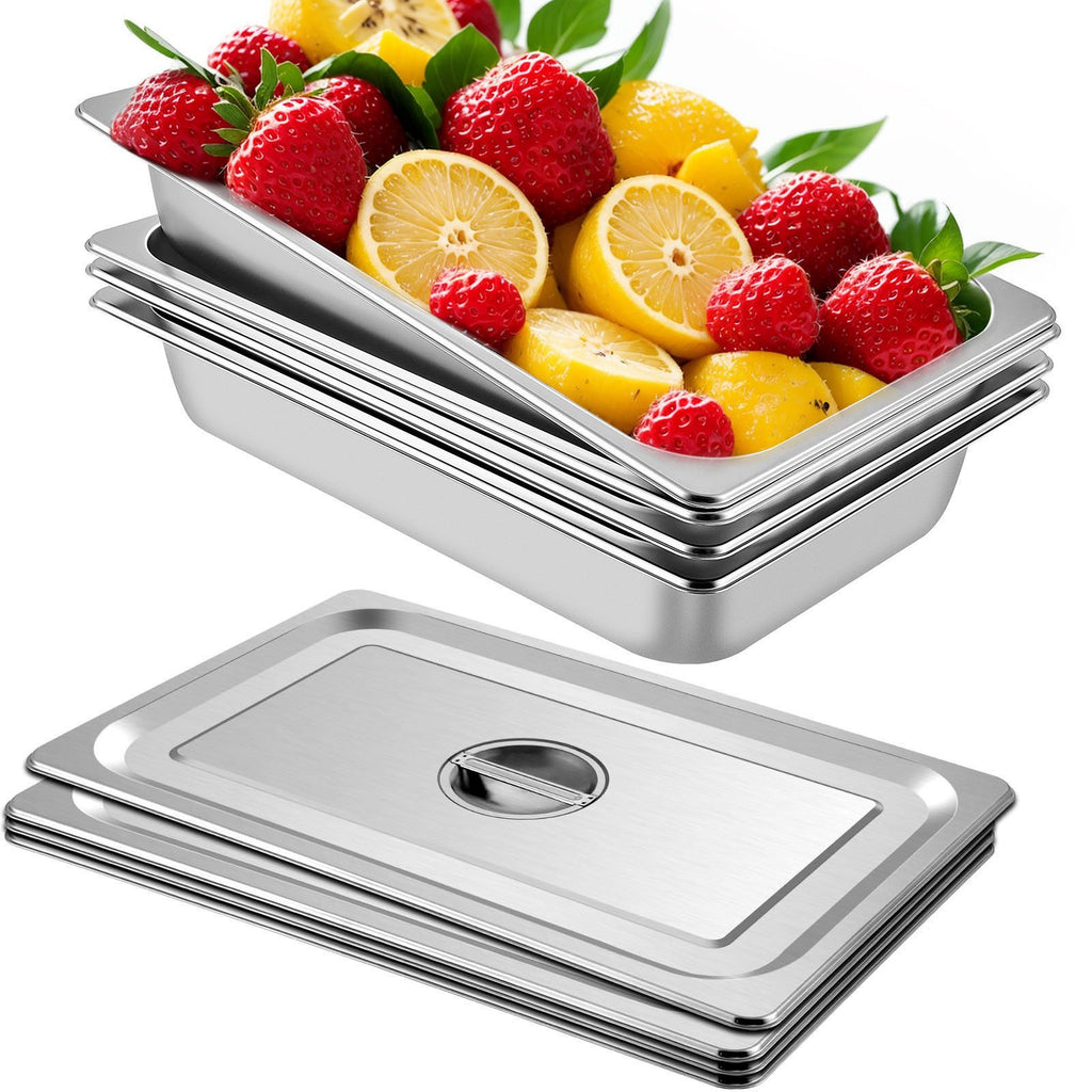 4 Pack Hotel Pan 3.7" Deep Steam Table Pan Full Size with Lid 20.8"L x 13"W Hotel Pan 22 Gauge Stainless Steel Anti Jam Steam Table Pan