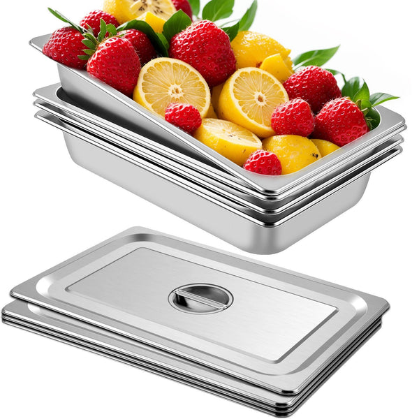 4 Pack Hotel Pan 3.7" Deep Steam Table Pan Full Size with Lid 20.8"L x 13"W Hotel Pan 22 Gauge Stainless Steel Anti Jam Steam Table Pan
