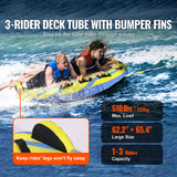 Towable Tube for Boating, 1-3 Riders Inflatable Towable Tube with Bumper Fins, 510 lbs Water Sport Towable Tubes for Boats to Pull, Full Nylon Cover, EVA Grab Handles and Speed Safety Valve