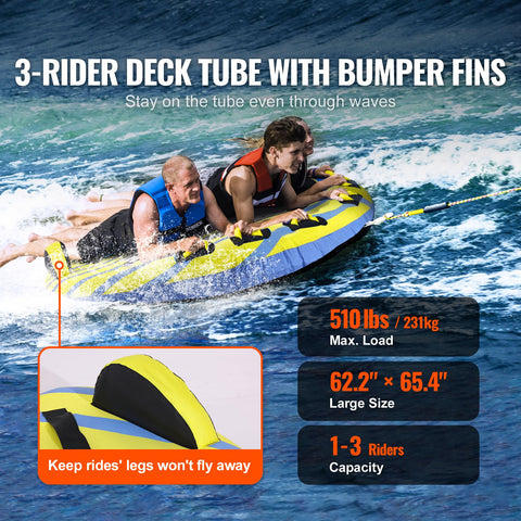 Towable Tube for Boating, 1-3 Riders Inflatable Towable Tube with Bumper Fins, 510 lbs Water Sport Towable Tubes for Boats to Pull, Full Nylon Cover, EVA Grab Handles and Speed Safety Valve