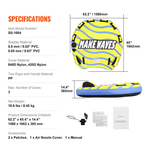 Towable Tube for Boating, 1-3 Riders Inflatable Towable Tube with Bumper Fins, 510 lbs Water Sport Towable Tubes for Boats to Pull, Full Nylon Cover, EVA Grab Handles and Speed Safety Valve