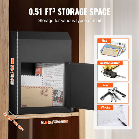 Through The Door Key Drop Box, Heavy Duty Steel Through the Door Mailbox with 1.8" 12" Key Lock, 12x6x16" Mail Drop Box, Black