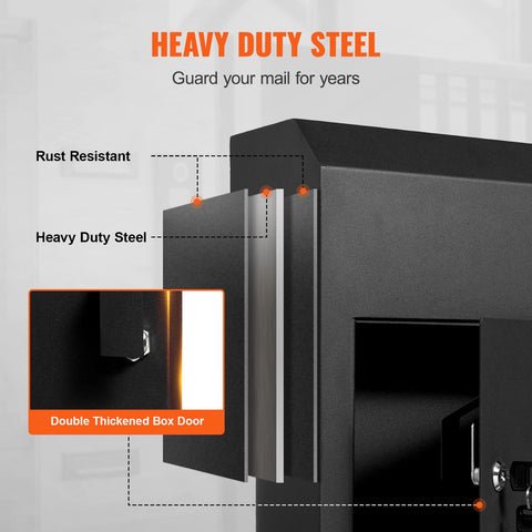Through The Door Key Drop Box, Heavy Duty Steel Through the Door Mailbox with 1.8" 12" Key Lock, 12x6x16" Mail Drop Box, Black