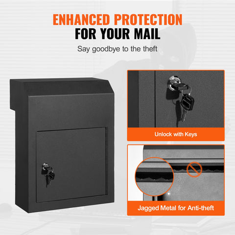 Through The Door Key Drop Box, Heavy Duty Steel Through the Door Mailbox with 1.8" 12" Key Lock, 12x6x16" Mail Drop Box, Black