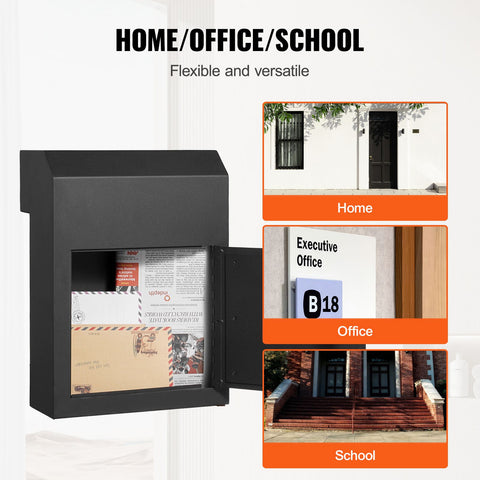 Through The Door Key Drop Box, Heavy Duty Steel Through the Door Mailbox with 1.8" 12" Key Lock, 12x6x16" Mail Drop Box, Black