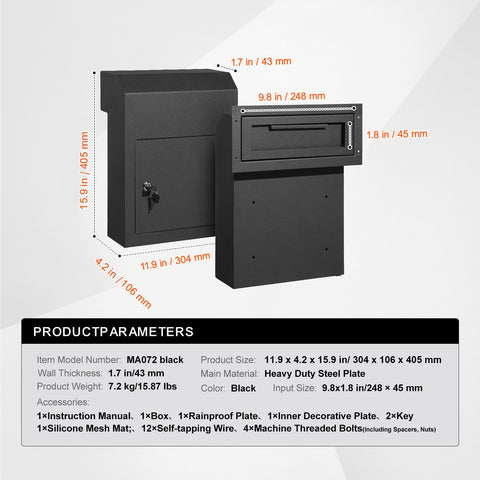 Through The Door Key Drop Box, Heavy Duty Steel Through the Door Mailbox with 1.8" 12" Key Lock, 12x6x16" Mail Drop Box, Black