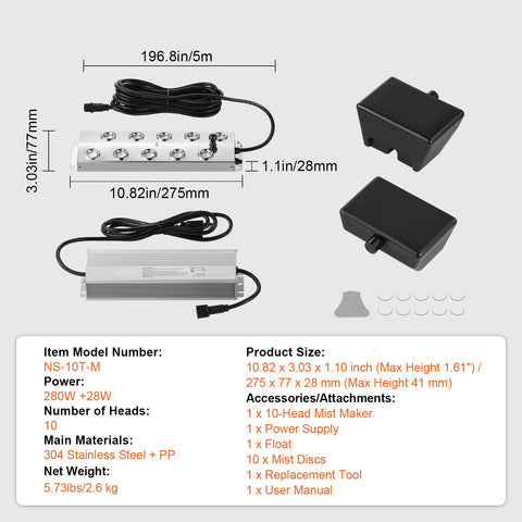 10 Head Ultrasonic Mist Maker 7000mL/H Ultrasonic Fogger IP67 Waterproof