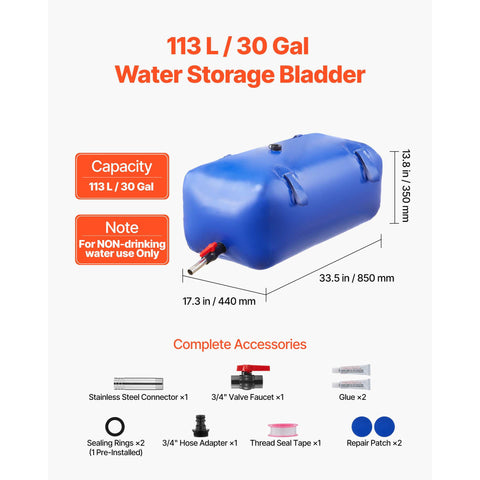Water Storage Bladder 113L Large Capacity Water Bag, Portable & Collapsible Soft Waters Container, Leakproof & Tear-Resistant PVC Emergency Waters Storage Tank for RV Truck & Outdoor Use