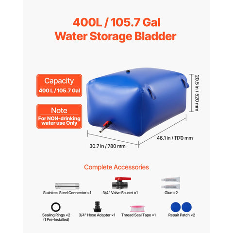 Water Storage Bladder 400L Large Capacity Water Bag, Portable & Collapsible Soft Waters Container, Leakproof & Tear-Resistant PVC Emergency Waters Storage Tank for RV Truck & Outdoor Use