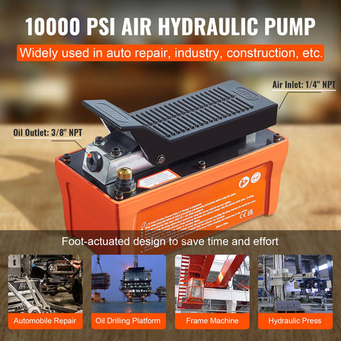 Air Hydraulic Pump, 10,000 PSI 1/2 Gal Reservoir, NPT 3/8" Oil Outlet, NPT 1/4" Inlet, 6.6 ft Pipe, Foot Actuated Hydraulic Pump Air Treadle for Auto Body Frame Machines and Pulling Post, Orange
