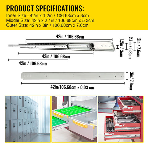 Drawer Slides, 1 Pair 42 Inch Heavy Duty Drawer Slides, Ball Bearing Side Mount Drawer Hardware Slides, 500 LBS Load Capacity 3-Section Full Extension Drawer Slides for Smooth Slide, Less Noise