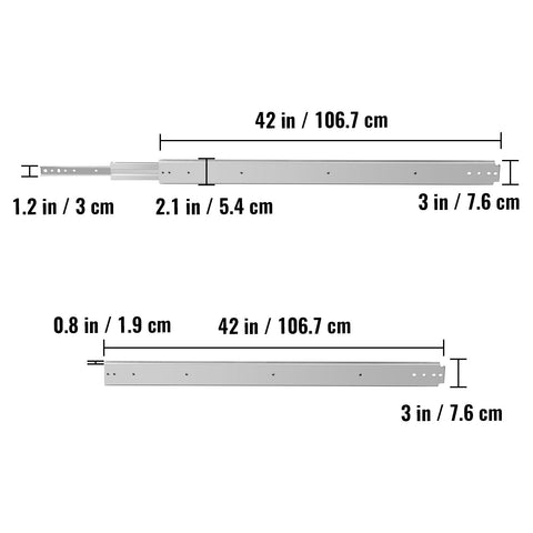 Drawer Slides, 1 Pair 42 Inch Heavy Duty Drawer Slides, Ball Bearing Side Mount Drawer Hardware Slides, 500 LBS Load Capacity 3-Section Full Extension Drawer Slides for Smooth Slide, Less Noise