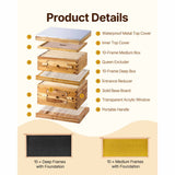 Bee Hive 20 Frame Bee Hives Starter Kit, Beeswax Coated Cedar Wood, 1 Deep + 1 Medium Bee Boxes Langstroth Beehive Kit, Transparent Acrylic Windows with Foundations for Beginners Pro Beekeepers