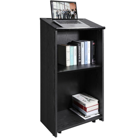 Podium Stand, 47 in Hostess Stand with 4 Rolling Wheels, Wood Podium with Storage Shelves, and Slant Desktop, Lecterns & Podiums for Church, Office, School, Home, Black