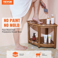 VEVOR Corner Shower Bench, 18.5" Height 17.75" Radius, Faux Wood Grain Polystyrene,159KGS with Storage Shelf, Water Resistant, Shower Stool for Inside & Outside Shower, for Bathroom, Living Room