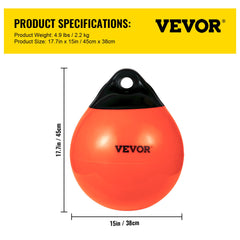 VEVOR Boat Buoy Balls, 15"" Diameter Inflatable Heavy-Duty Marine-Grade PVC Marker Buoys, Round Boat Mooring Buoys, Anchoring, Rafting, Marking, Fishing, Orange