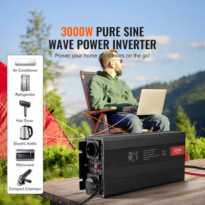 Pure Sine Wave Inverter, 3000 Watt, Power Inverter with 2 AC Outlets 2 USB Port 1 Type-C Port, LCD Display and Remote Controller for Large Home Appliances, CE FCC Certified