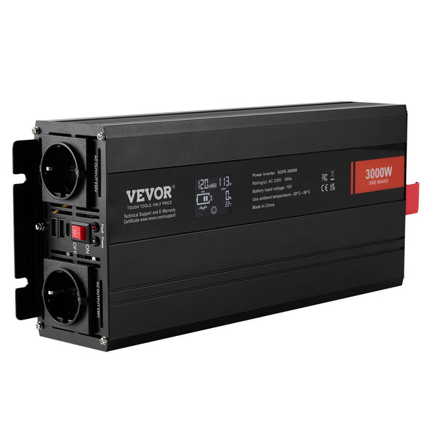 VEVOR Pure Sine Wave Inverter, 3000 Watt, Power Inverter with 2 AC Outlets 2 USB Port 1 Type-C Port, LCD Display and Remote Controller for Large Home Appliances, CE FCC Certified