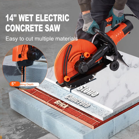 Electric Concrete Saw, 14 in, 2000 W Motor Circular Saw Cutter with Max. 5 in Adjustable Cutting Depth, Wet Disk Saw Cutter Includes Water Line, Pump and Blade, for Stone, Brick