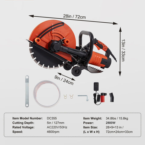 Electric Concrete Saw, 14 in, 2000 W Motor Circular Saw Cutter with Max. 5 in Adjustable Cutting Depth, Wet Disk Saw Cutter Includes Water Line, Pump and Blade, for Stone, Brick
